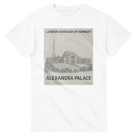 Fine-line engraving-style drawing for London Borough of Haringey, with a landmark caption and small coordinate text.