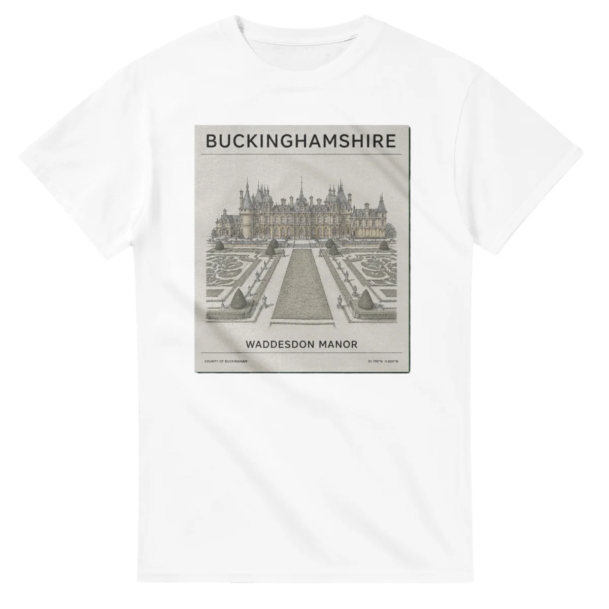 Fine-line engraving-style drawing for Buckinghamshire, with a landmark caption and small coordinate text.