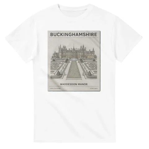 Fine-line engraving-style drawing for Buckinghamshire, with a landmark caption and small coordinate text.