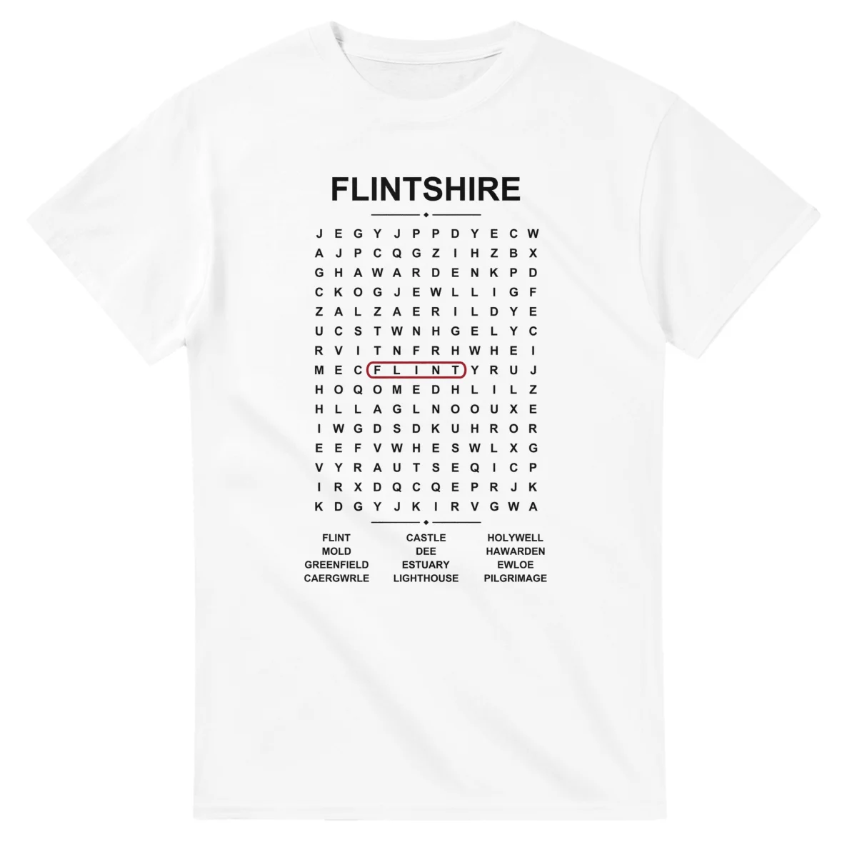 Word-search sheet for Flintshire, with a large place-name heading, a letter grid, a local answer list, and a red highlighted example word.