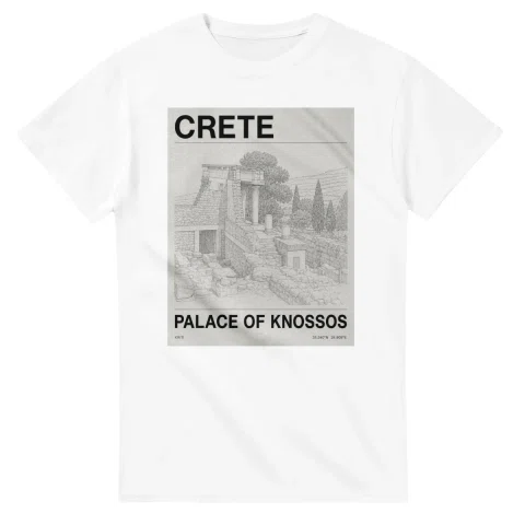 Fine-line engraving-style drawing for Crete, with a landmark caption and small coordinate text.