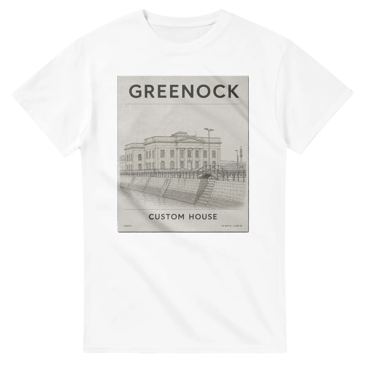 Fine-line engraving-style drawing for Greenock, with a landmark caption and small coordinate text.