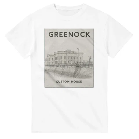 Fine-line engraving-style drawing for Greenock, with a landmark caption and small coordinate text.