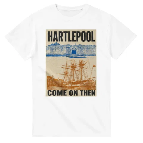 Two-colour scenic illustration for Hartlepool, with the place name and COME ON THEN lettering.