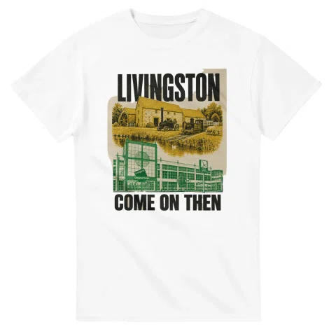 Two-colour scenic illustration for Livingston, with the place name and COME ON THEN lettering.