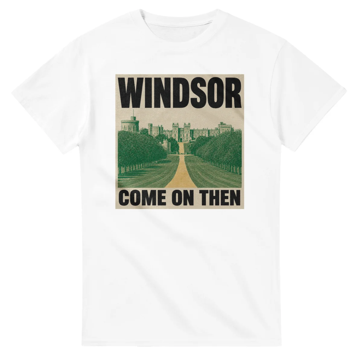 Two-colour scenic illustration for Windsor, with the place name and COME ON THEN lettering.