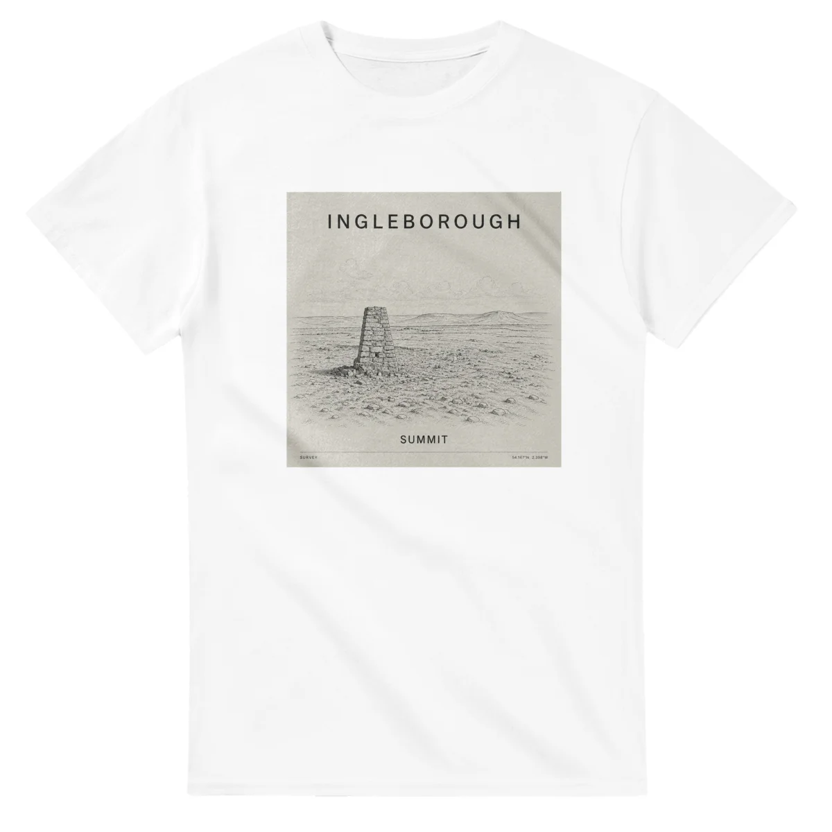 Fine-line engraving-style drawing for Ingleborough, with a landmark caption and small coordinate text.