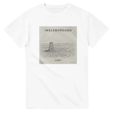 Fine-line engraving-style drawing for Ingleborough, with a landmark caption and small coordinate text.