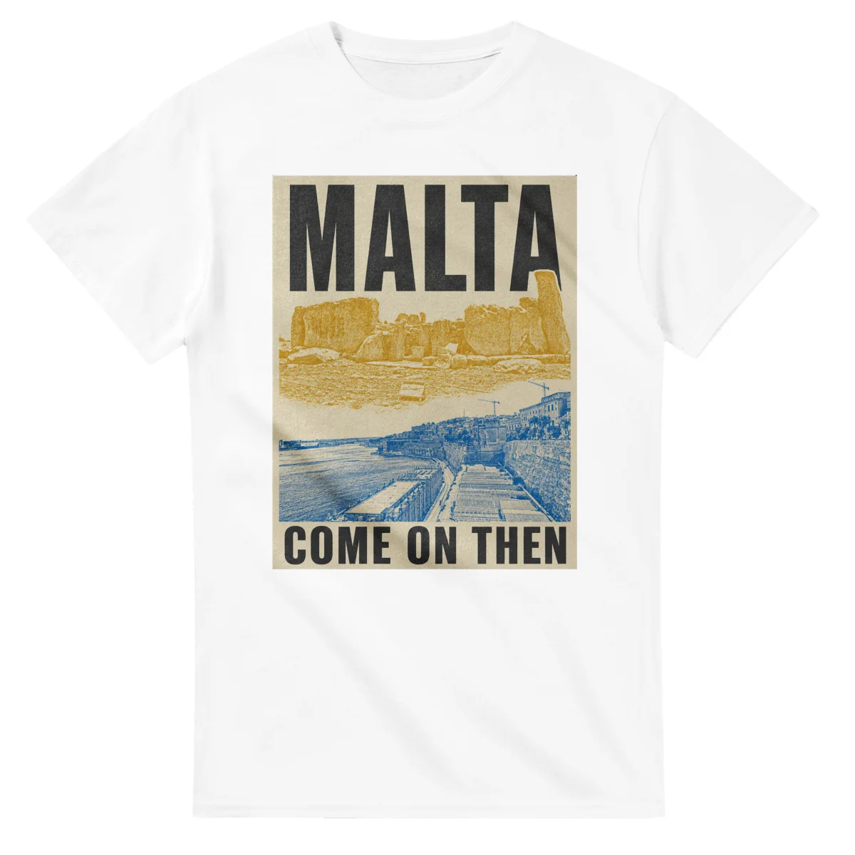Two-colour scenic illustration for Malta, with the place name and COME ON THEN lettering.