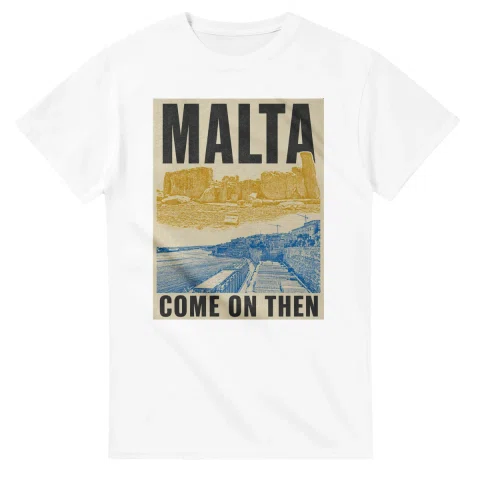 Two-colour scenic illustration for Malta, with the place name and COME ON THEN lettering.