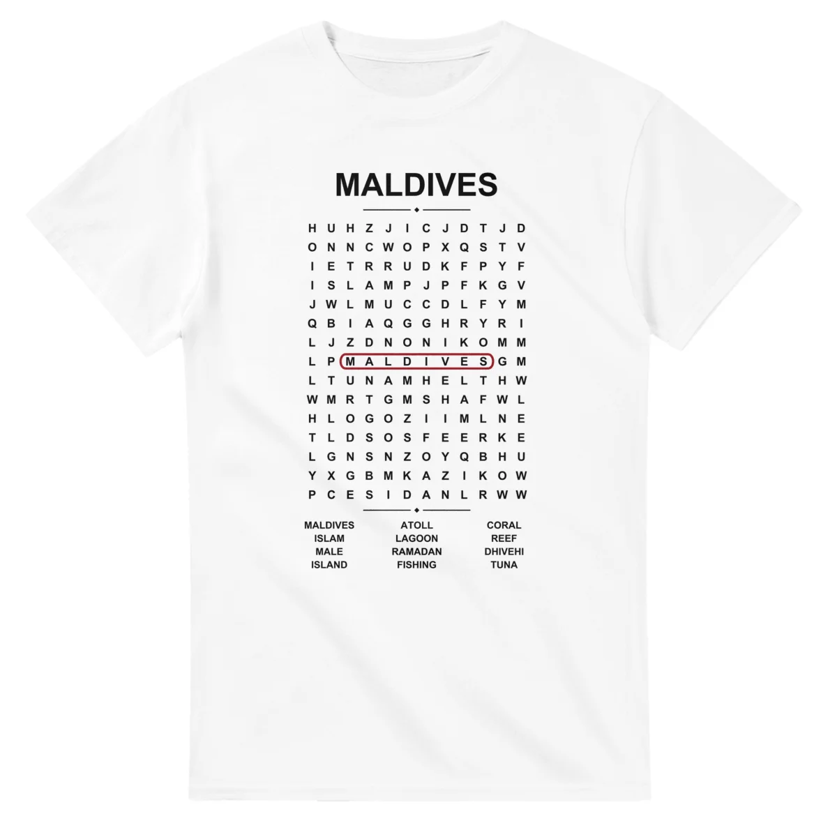 Word-search sheet for Maldives, with a large place-name heading, a letter grid, a local answer list, and a red highlighted example word.