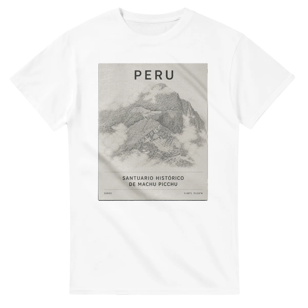 Fine-line engraving-style drawing for Peru, with a landmark caption and small coordinate text.