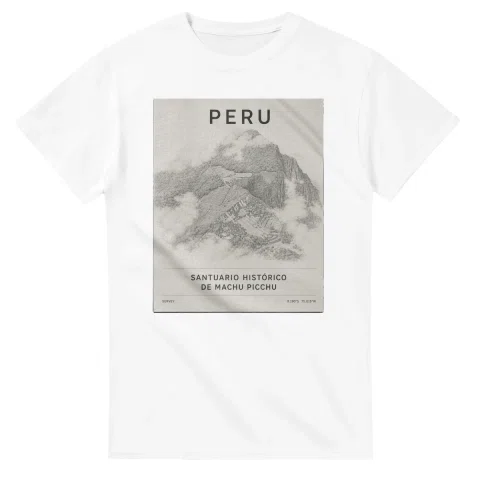 Fine-line engraving-style drawing for Peru, with a landmark caption and small coordinate text.