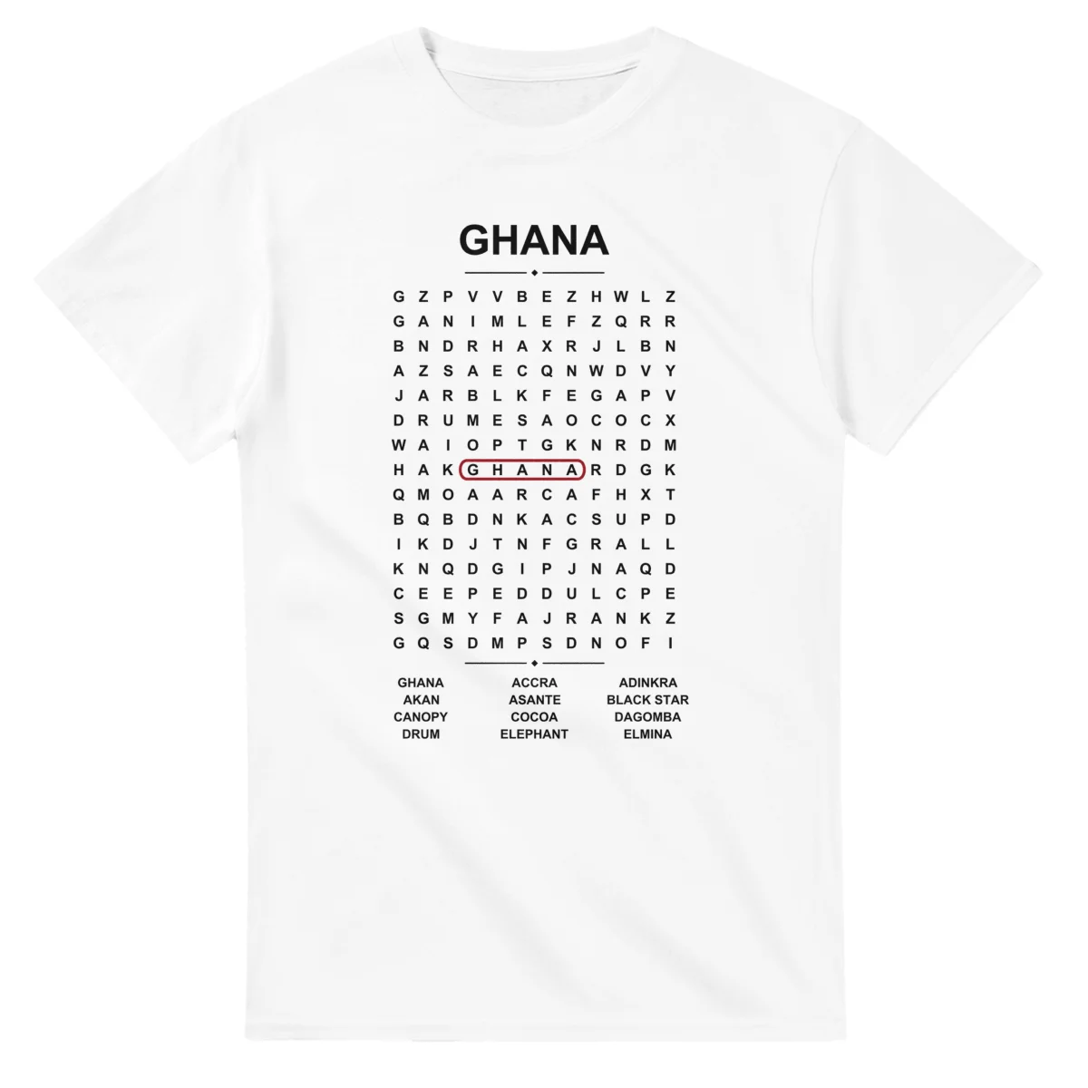 Word-search sheet for Ghana, with a large place-name heading, a letter grid, a local answer list, and a red highlighted example word.