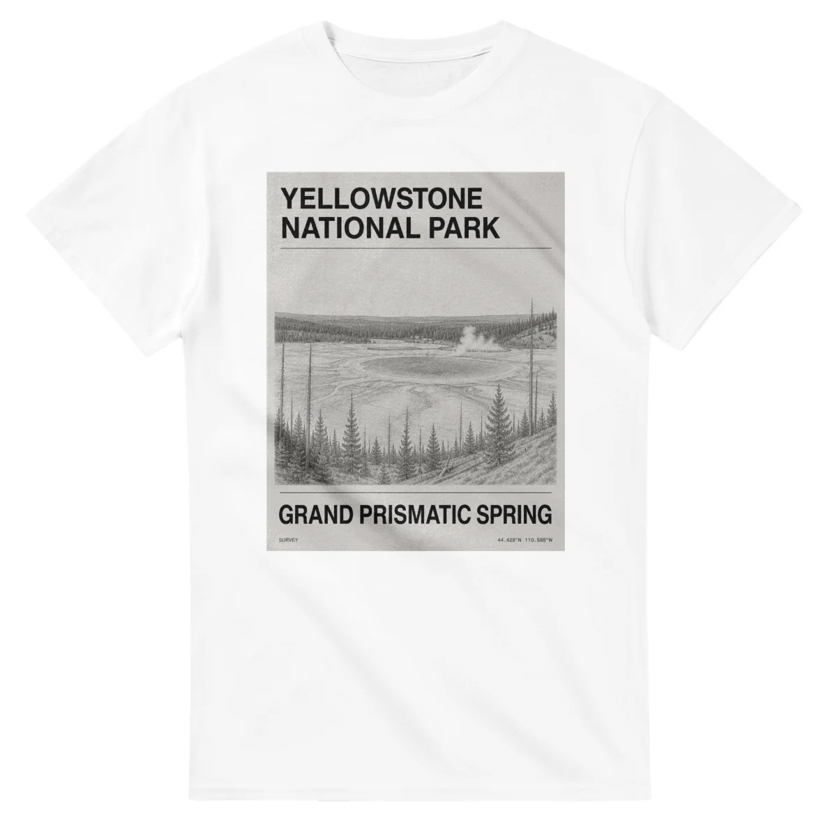 Fine-line engraving-style drawing for Yellowstone National Park, with a landmark caption and small coordinate text.