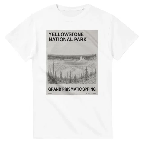 Fine-line engraving-style drawing for Yellowstone National Park, with a landmark caption and small coordinate text.