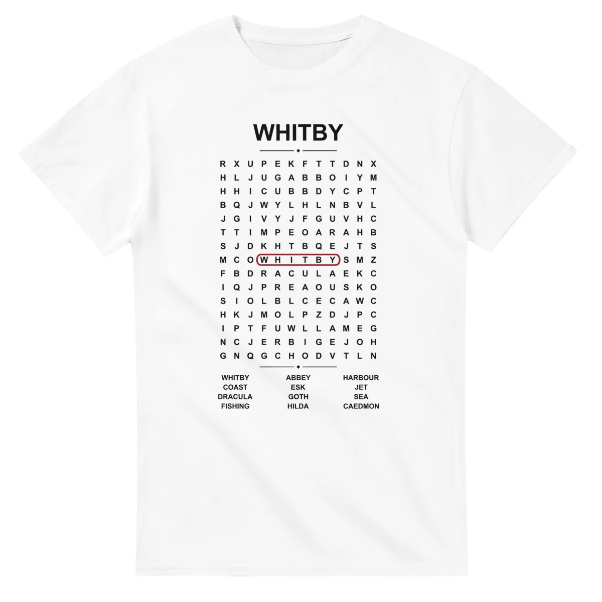 Word-search sheet for Whitby, with a large place-name heading, a letter grid, a local answer list, and a red highlighted example word.