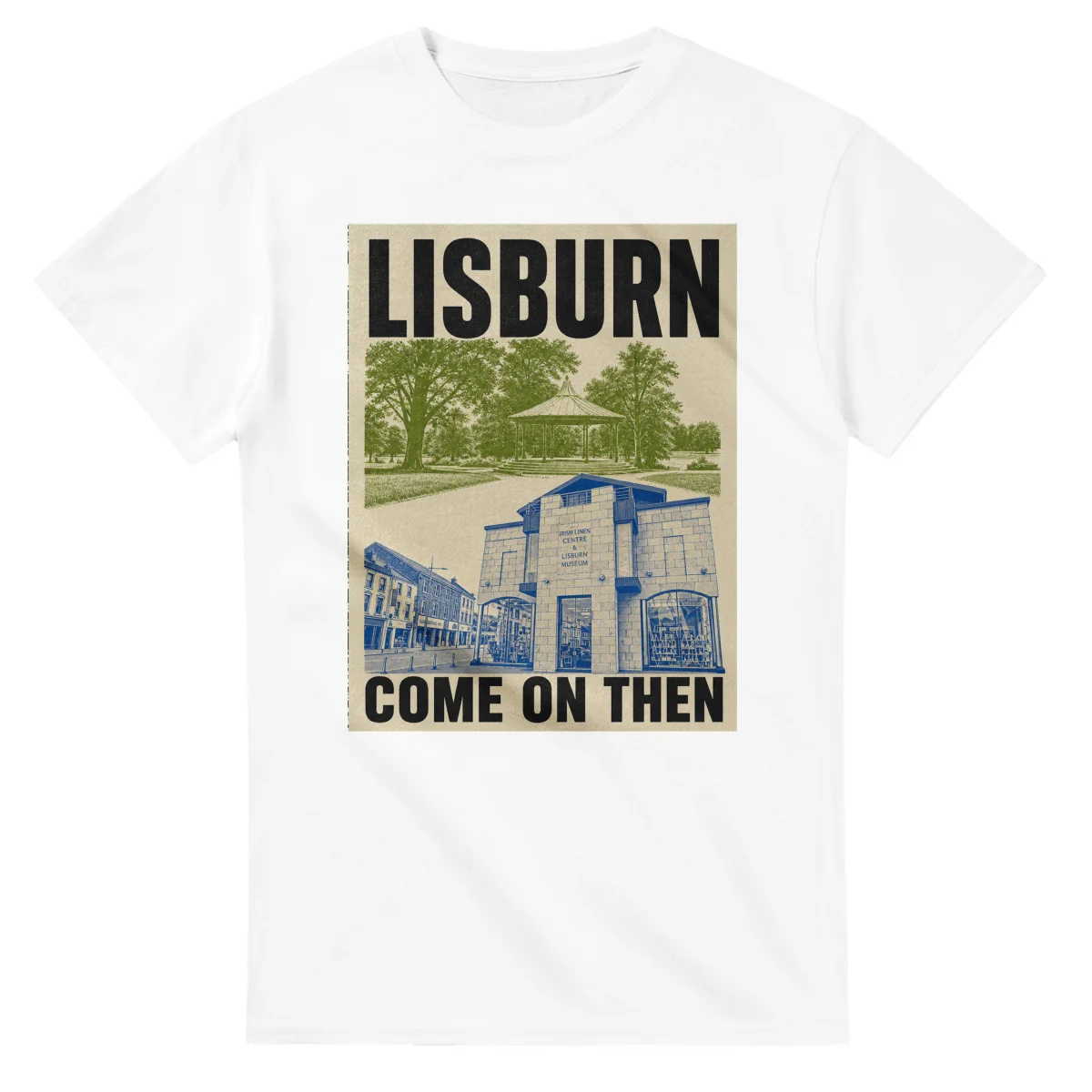 Two-colour scenic illustration for Lisburn, with the place name and COME ON THEN lettering.