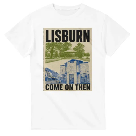Two-colour scenic illustration for Lisburn, with the place name and COME ON THEN lettering.