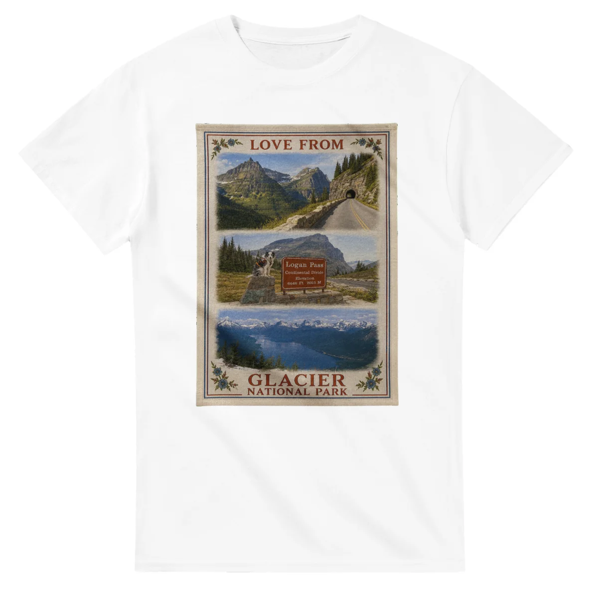 Framed scenic design for Glacier National Park, with several local views, a decorative border and LOVE FROM lettering.