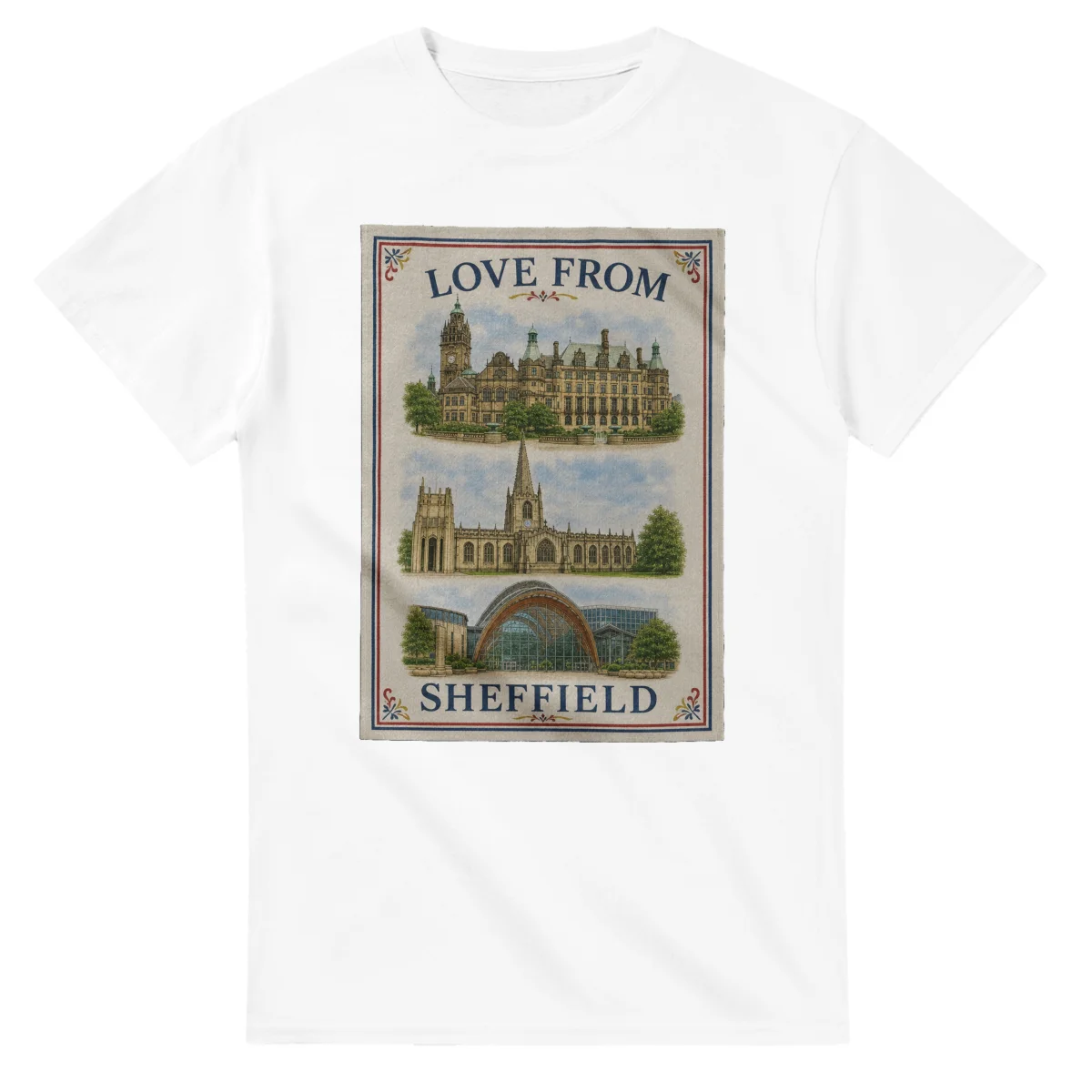 Framed scenic design for Sheffield, with several local views, a decorative border and LOVE FROM lettering.