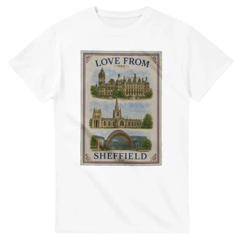 Framed scenic design for Sheffield, with several local views, a decorative border and LOVE FROM lettering.