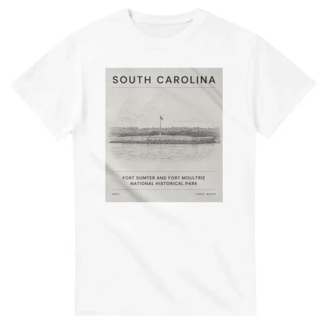 Fine-line engraving-style drawing for South Carolina, with a landmark caption and small coordinate text.