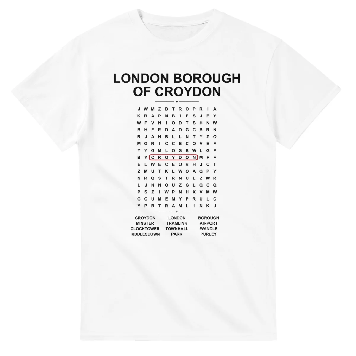 Word-search sheet for Croydon, with a large place-name heading, a letter grid, a local answer list, and a red highlighted example word.