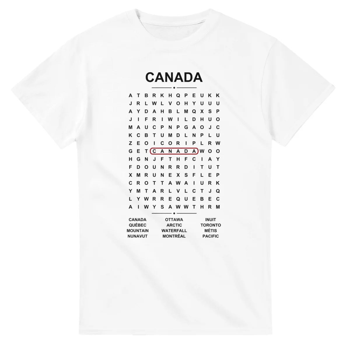 Word-search sheet for Canada, with a large place-name heading, a letter grid, a local answer list, and a red highlighted example word.