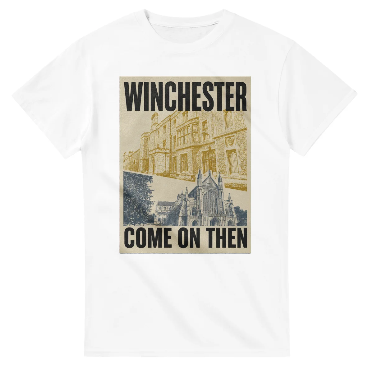 Two-colour scenic illustration for Winchester, with the place name and COME ON THEN lettering.