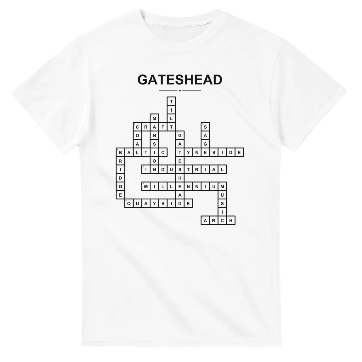 Monochrome crossword sheet for Gateshead, with a large place-name heading, a letter grid, and numbered across and down clues.
