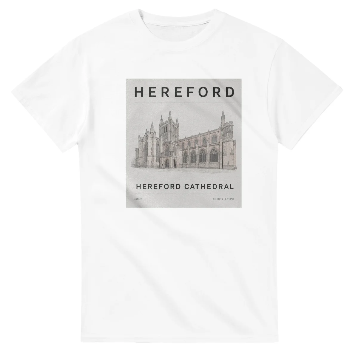 Fine-line engraving-style drawing for Hereford, with a landmark caption and small coordinate text.