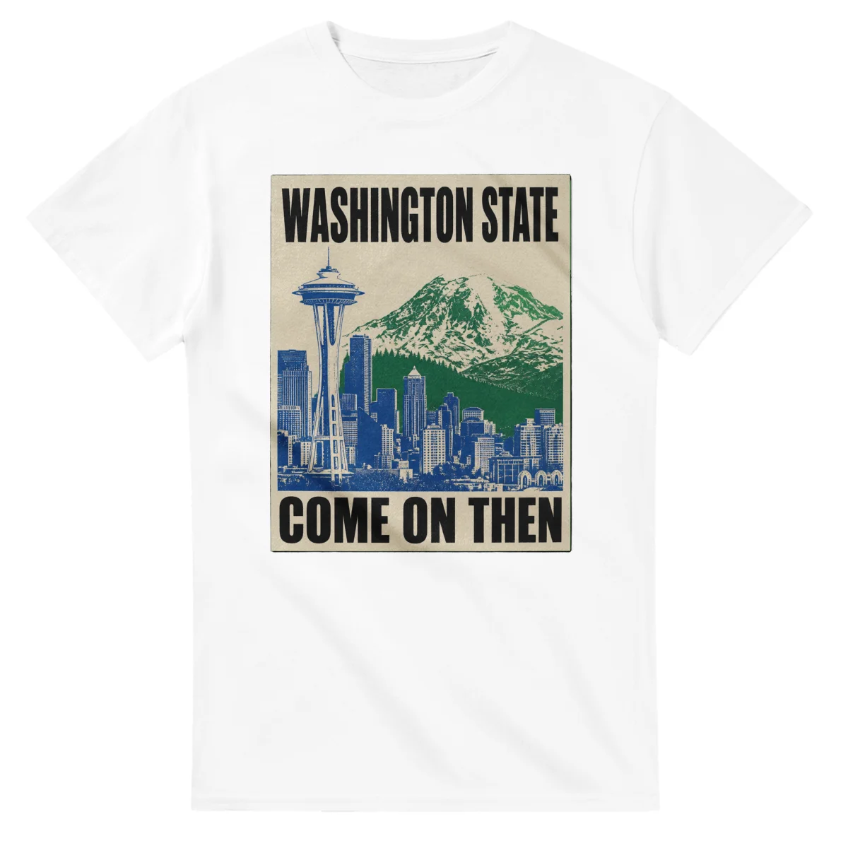 Two-colour scenic illustration for Washington State, with the place name and COME ON THEN lettering.
