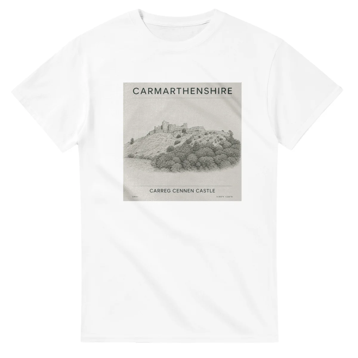 Fine-line engraving-style drawing for Carmarthenshire, with a landmark caption and small coordinate text.