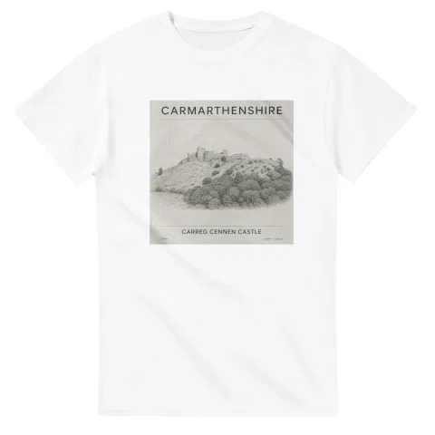 Fine-line engraving-style drawing for Carmarthenshire, with a landmark caption and small coordinate text.