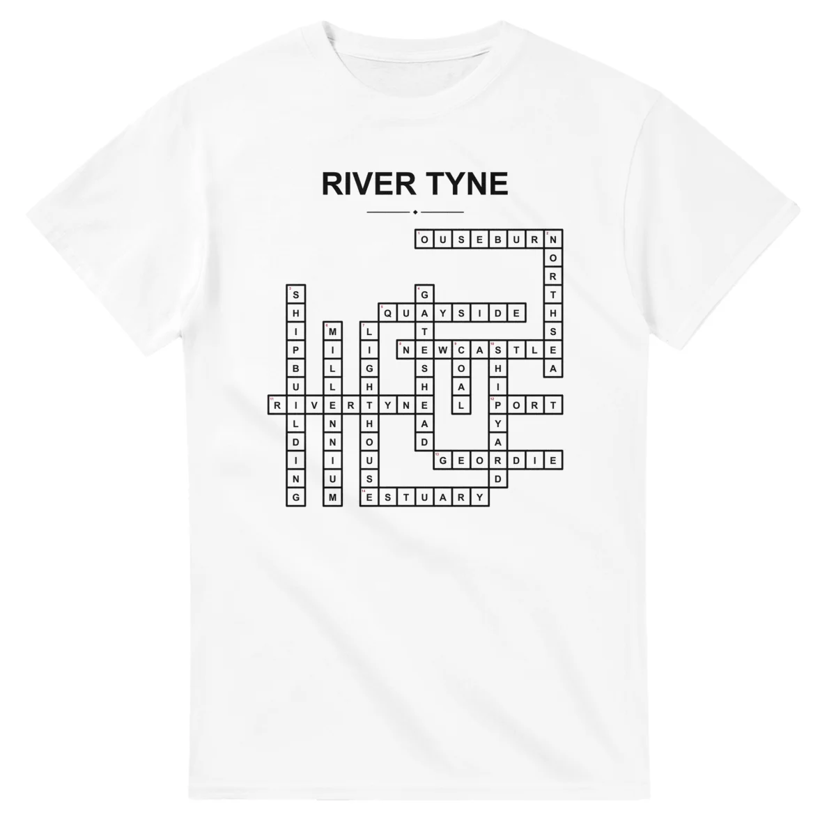 Monochrome crossword sheet for River Tyne, with a large place-name heading, a letter grid, and numbered across and down clues.