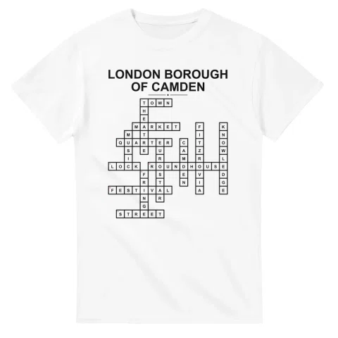 Monochrome crossword sheet for London Borough of Camden, with a large place-name heading, a letter grid, and numbered across and down clues.
