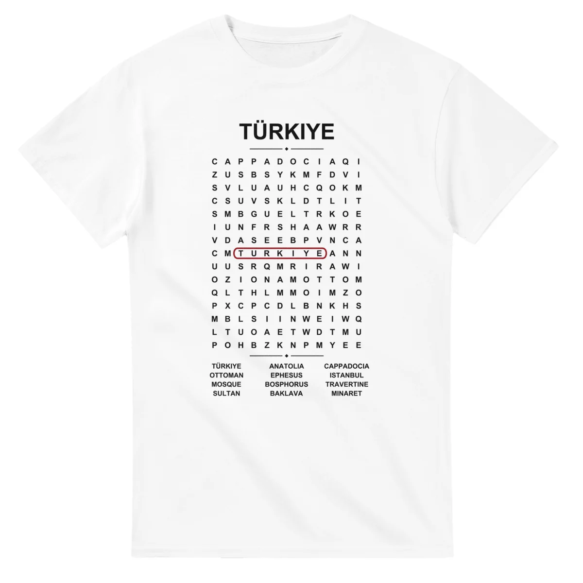 Word-search sheet for Türkiye, with a large place-name heading, a letter grid, a local answer list, and a red highlighted example word.