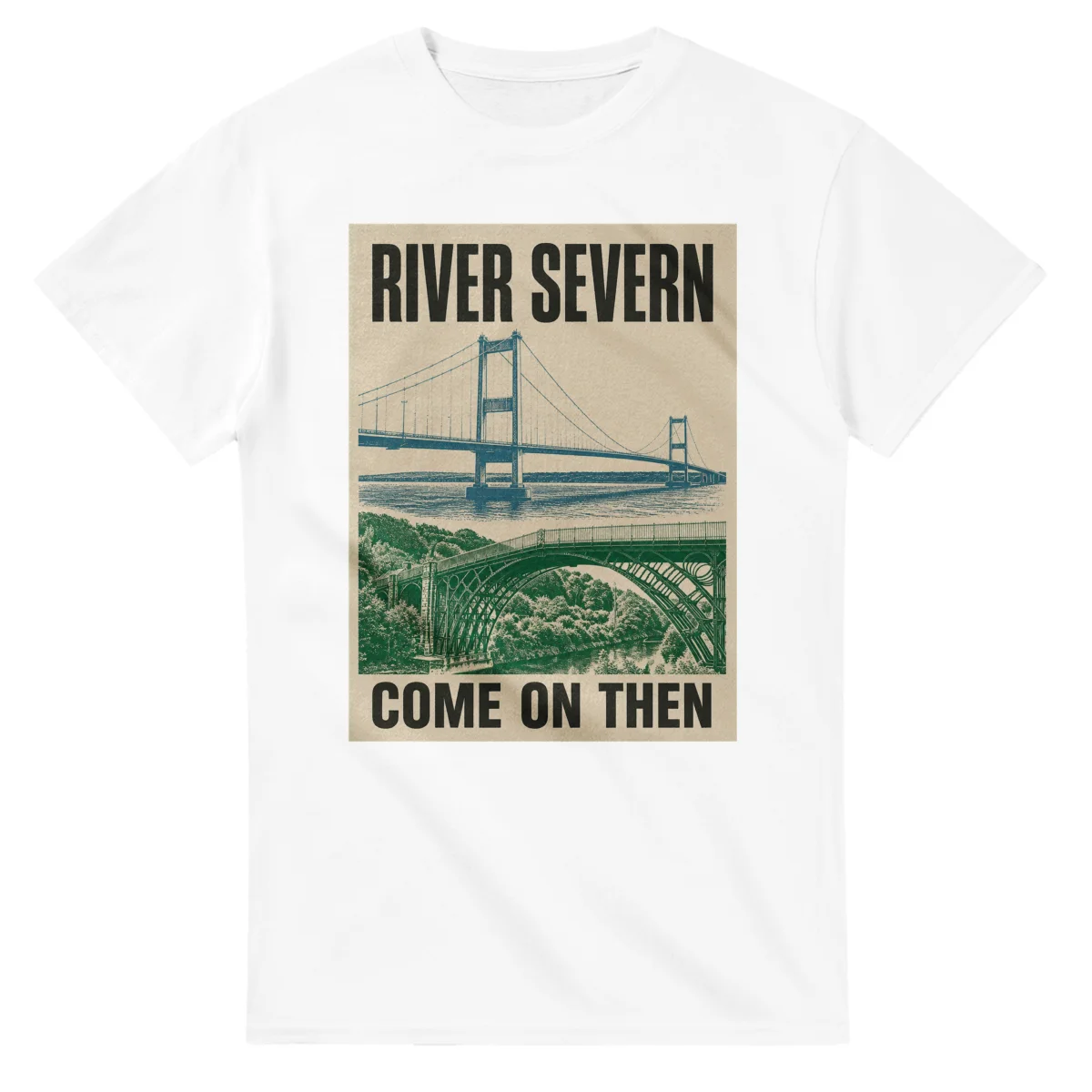 Two-colour scenic illustration for River Severn, with the place name and COME ON THEN lettering.