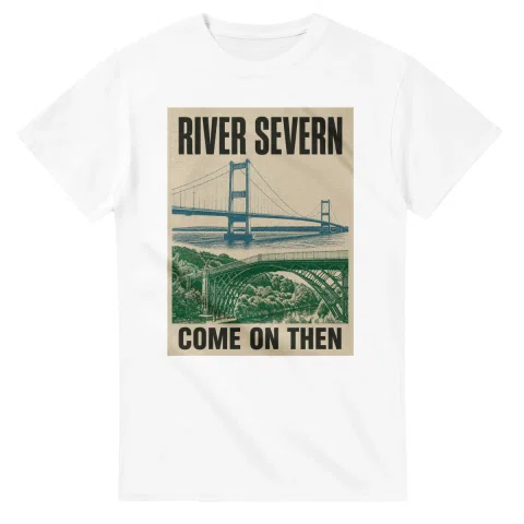 Two-colour scenic illustration for River Severn, with the place name and COME ON THEN lettering.