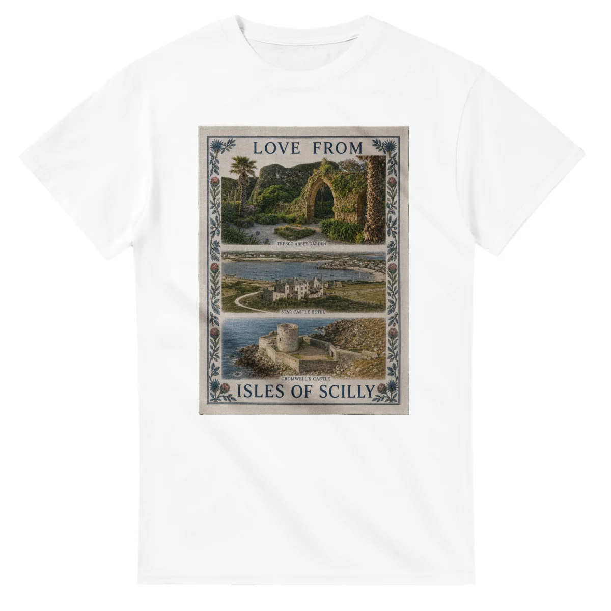 Framed scenic design for Isles of Scilly, with several local views, a decorative border and LOVE FROM lettering.