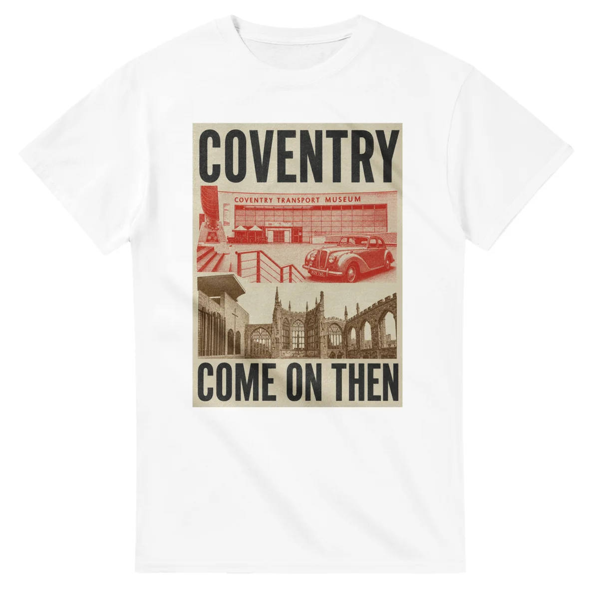 Two-colour scenic illustration for Coventry, with the place name and COME ON THEN lettering.