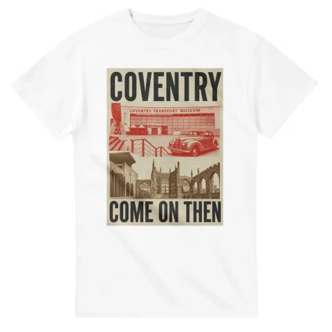 Two-colour scenic illustration for Coventry, with the place name and COME ON THEN lettering.