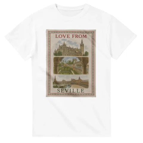 Framed scenic design for Seville, with several local views, a decorative border and LOVE FROM lettering.