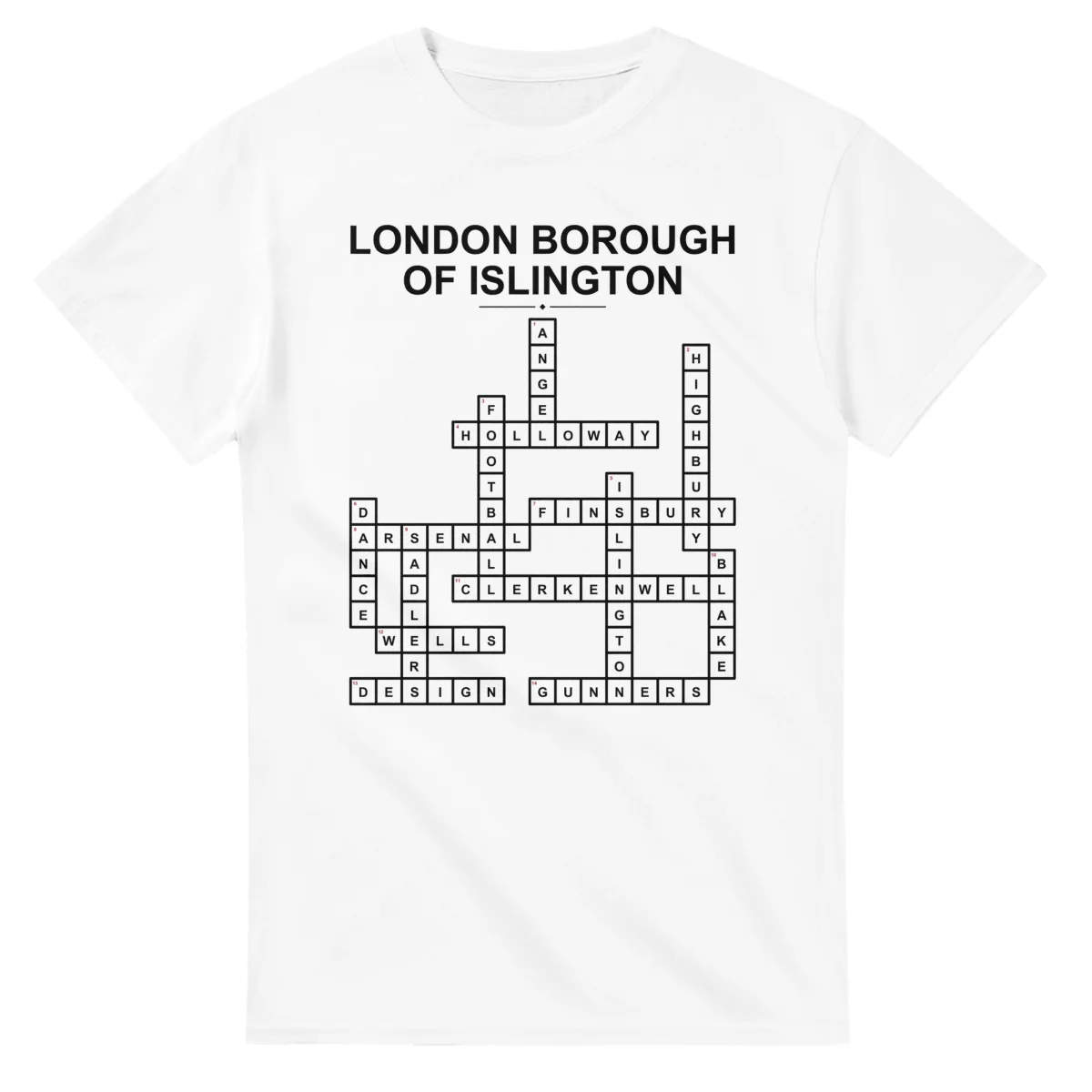 Monochrome crossword sheet for London Borough of Islington, with a large place-name heading, a letter grid, and numbered across and down clues.