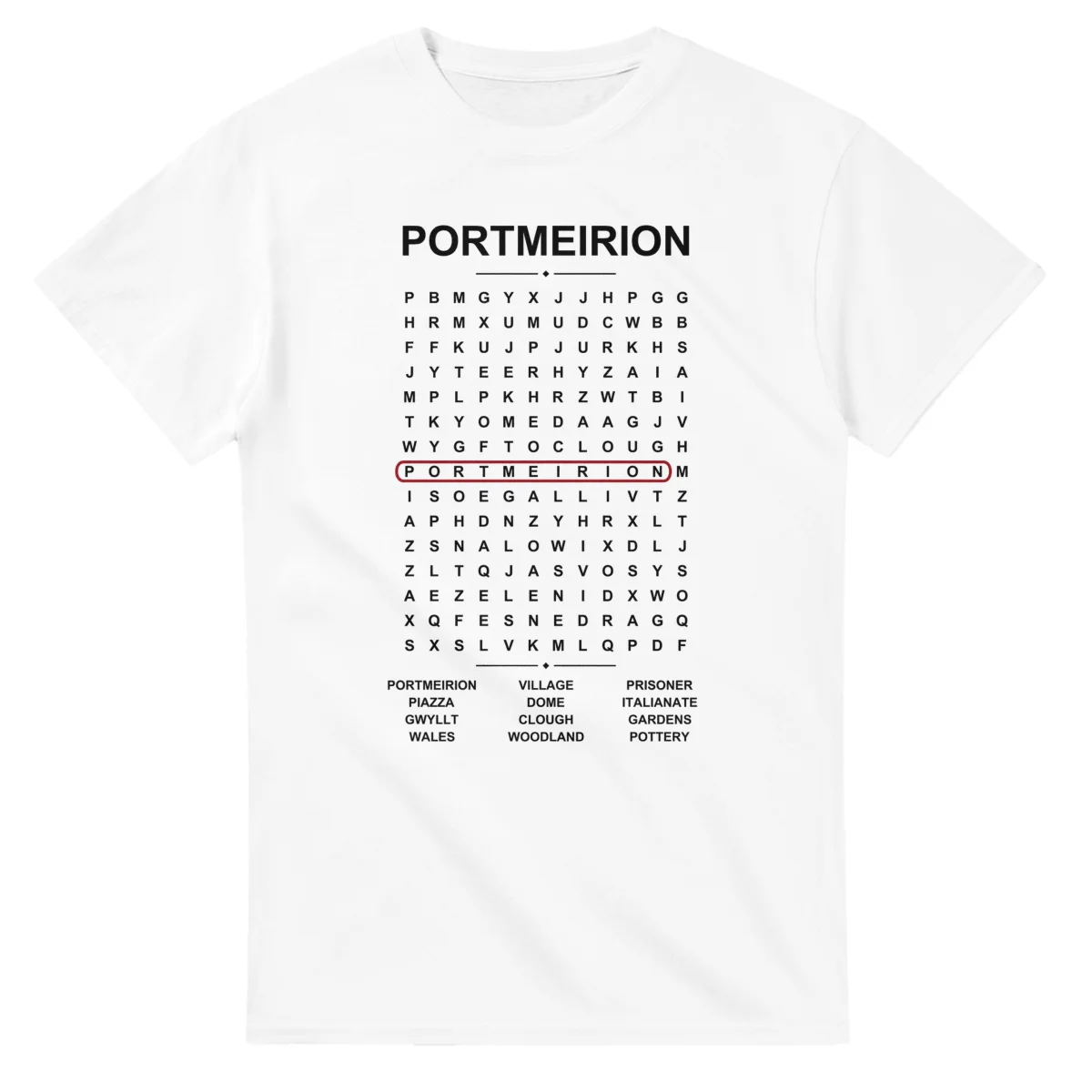 Word-search sheet for Portmeirion, with a large place-name heading, a letter grid, a local answer list, and a red highlighted example word.