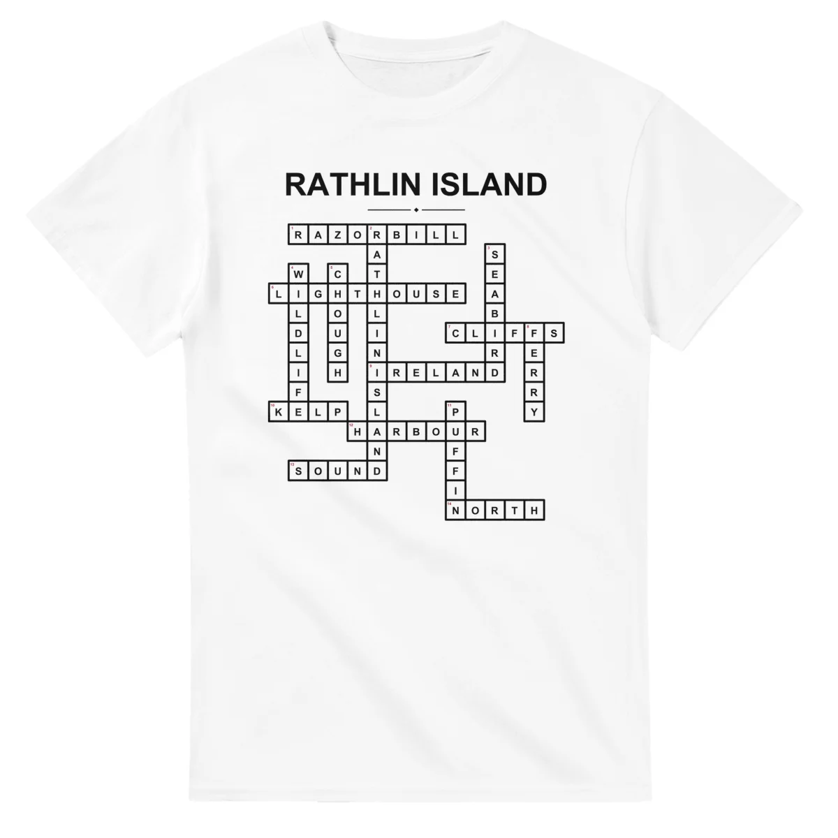 Monochrome crossword sheet for Rathlin Island, with a large place-name heading, a letter grid, and numbered across and down clues.