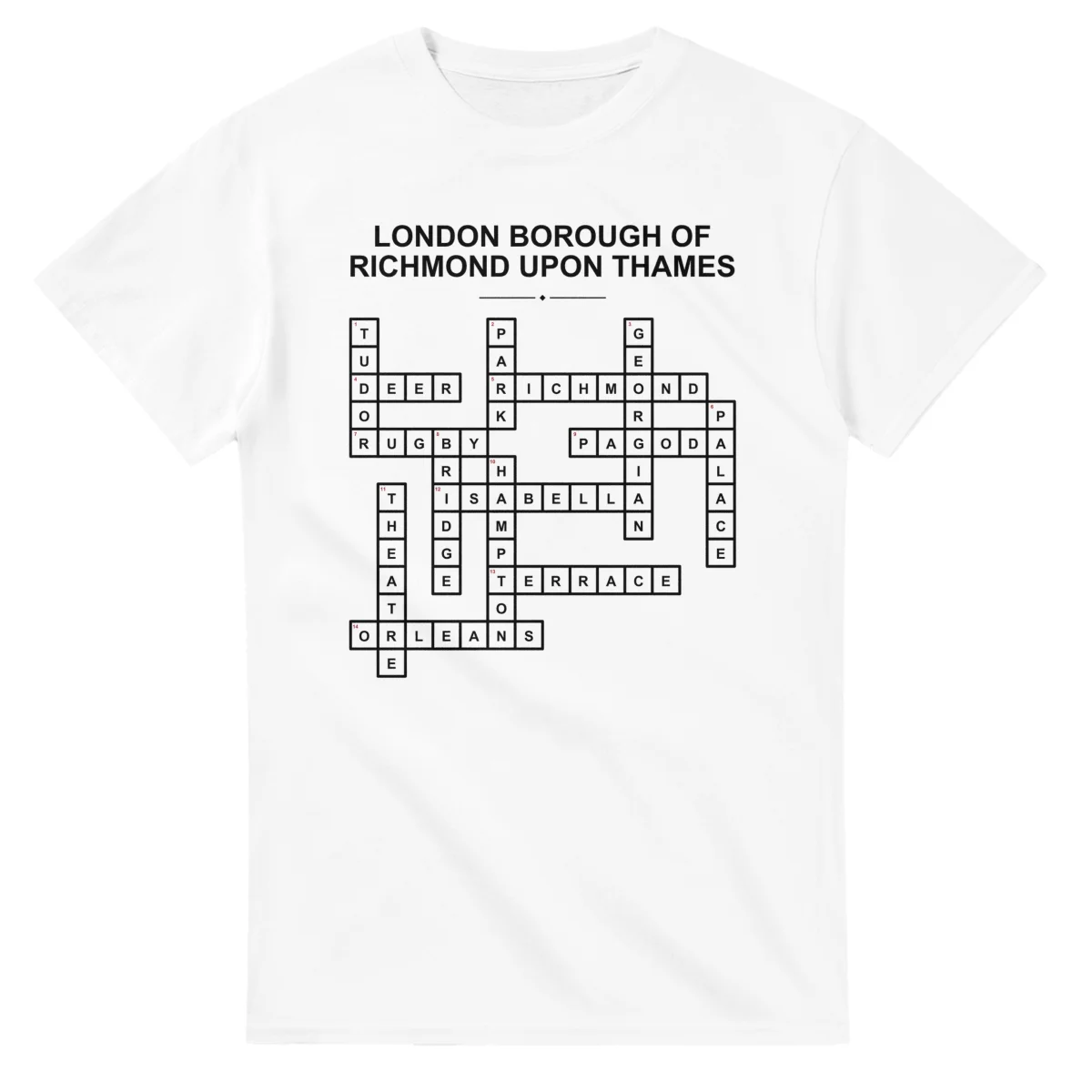 Monochrome crossword sheet for London Borough of Richmond upon Thames, with a large place-name heading, a letter grid, and numbered across and down clues.