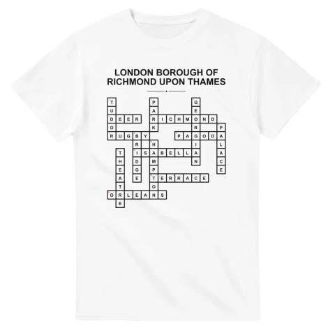Monochrome crossword sheet for London Borough of Richmond upon Thames, with a large place-name heading, a letter grid, and numbered across and down clues.
