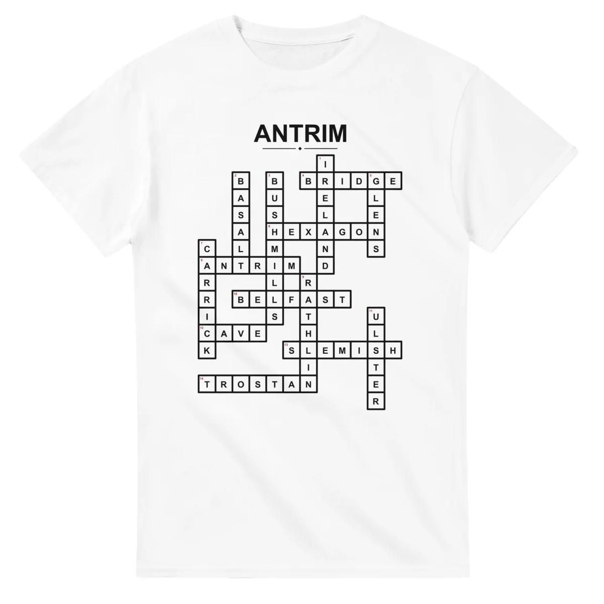 Monochrome crossword sheet for Antrim, with a large place-name heading, a letter grid, and numbered across and down clues.